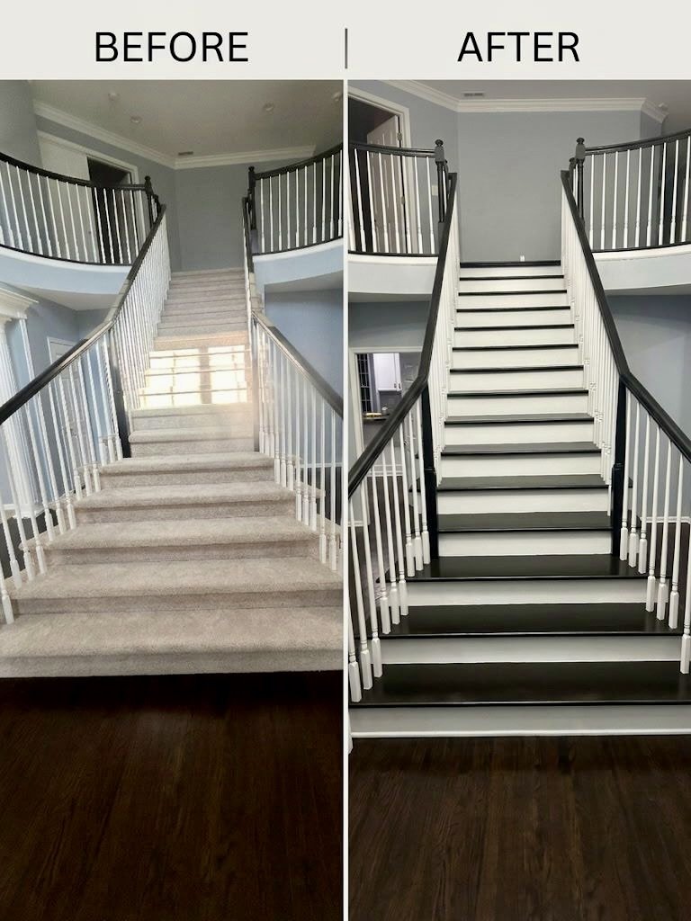 Before and after staircase refinishing with painted treads and rail accents