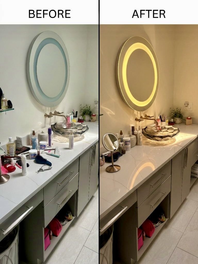 Before and after vanity mirror lighting upgrade